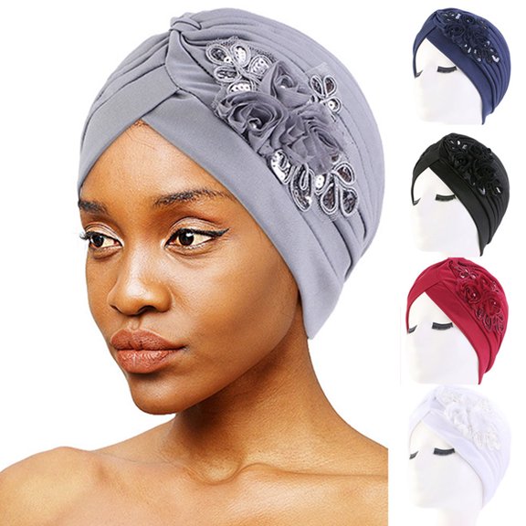 Stretchy Turban Cap Chemo Head Wraps Bennie Twisted India's Hat Warm Sequin Trim Flower for Women Girl