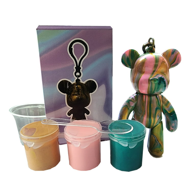 DIY Fluid Art Bear Key chain High Gloss Acrylic Paint Kit Set -  White-Pink-Yellow Kit