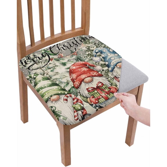 Gray Christmas Chair Seat Covers for Dining Room Stretch Chair Seat Covers Set of 2, Retro Winter Gnomes Snowflake Xmas Tree Chair Seat Protector Cushion Slipcovers for Kitchen Restaurant Office