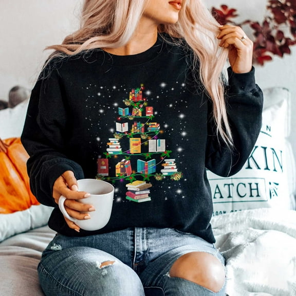 Book Christmas Tree Sweatshirt, Funny Book Lover Gift, Book Christmas Lights Shirt, Christmas Book Tree Sweatshirt, Christmas Shirts for Women Men