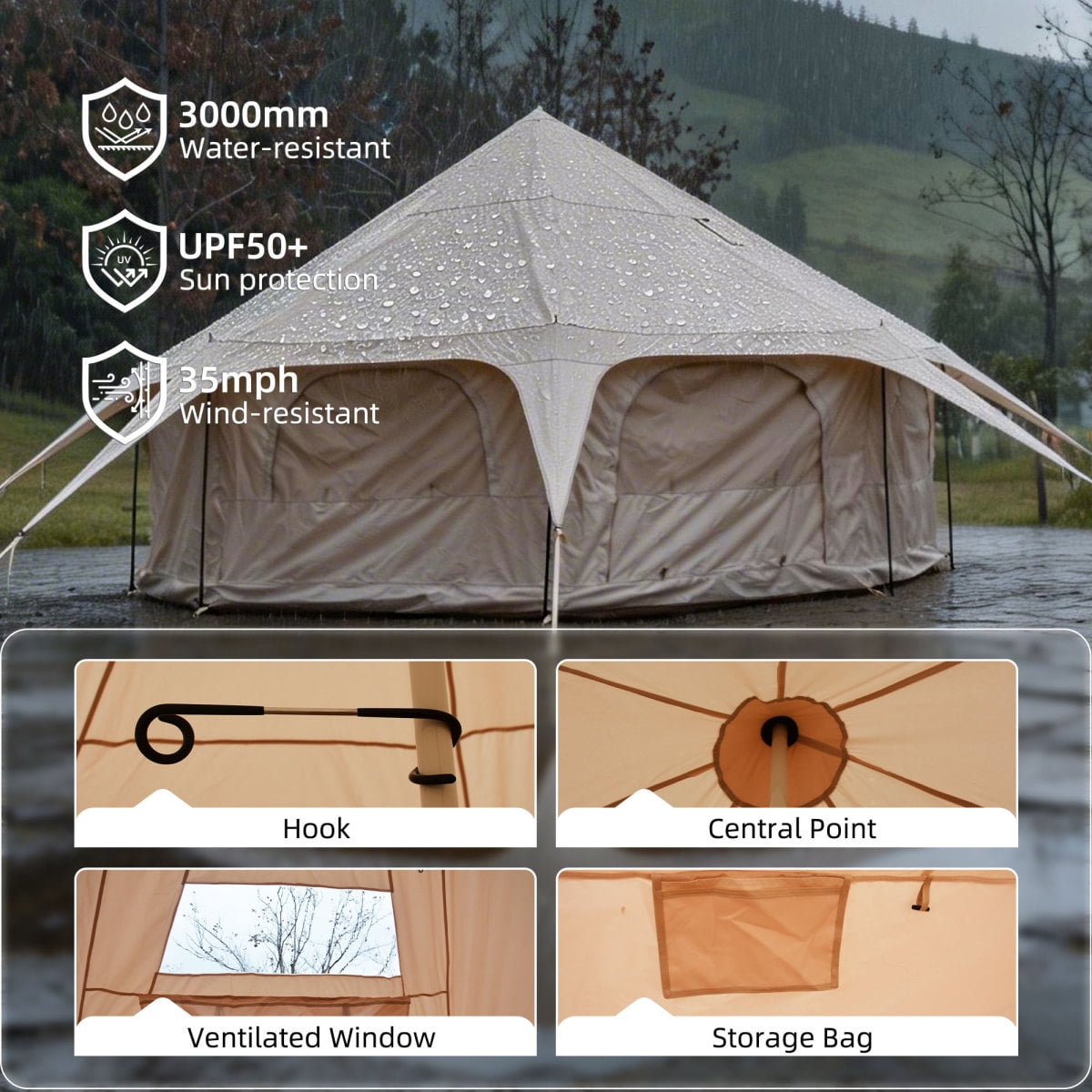 LuckyNote 600D Oxford Bell Tent 14.8ft x 9.2ft with Stove Jack, Large Family Camping Tent for Glamping & Outdoor, Khaki