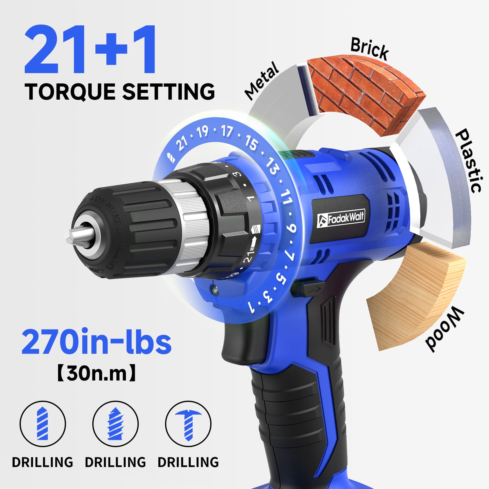 20V Cordless Drill Set with Battery & Charger, 30N.m Torque, 21+1 Settings, 3/8" Keyless Chuck, LED Light, Electric Drill Kit for Home DIY (Blue)