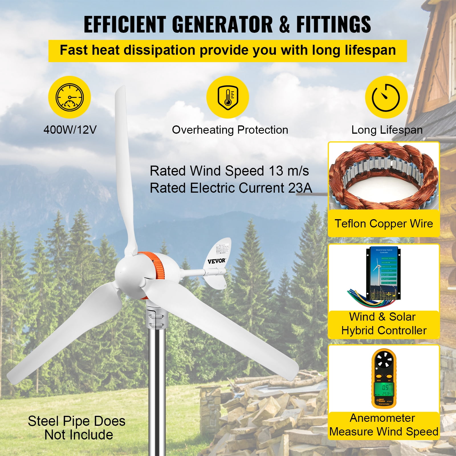 SKYSHALO Wind Turbine Generator, 12V/AC Wind Turbine Kit, 400W Wind Power Generator w/Wind & Solar Controller 3 Blades Auto Adjust Windward Direction Suitable for Terrace, Marine, Motorhome