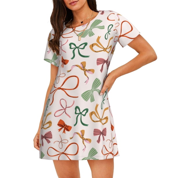 Balery Colorful Bow Knots Camisón de manga corta con cuello redondo para mujer, cómodo y elegante.