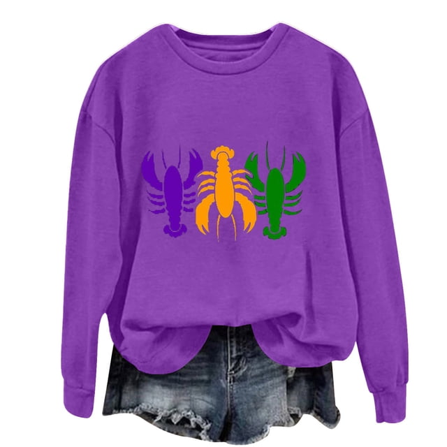 Baberdicy Haut à Manches Longues à Col Ras du Cou pour Femme à Imprimé Homard Violet Polyester