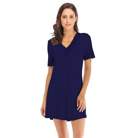 

ZDMATHE Women s Simple Casual Short-Sleeved Nightdress Ladies Soft Lace V-neck Above Knee Pajamas Summer Loose Homewear