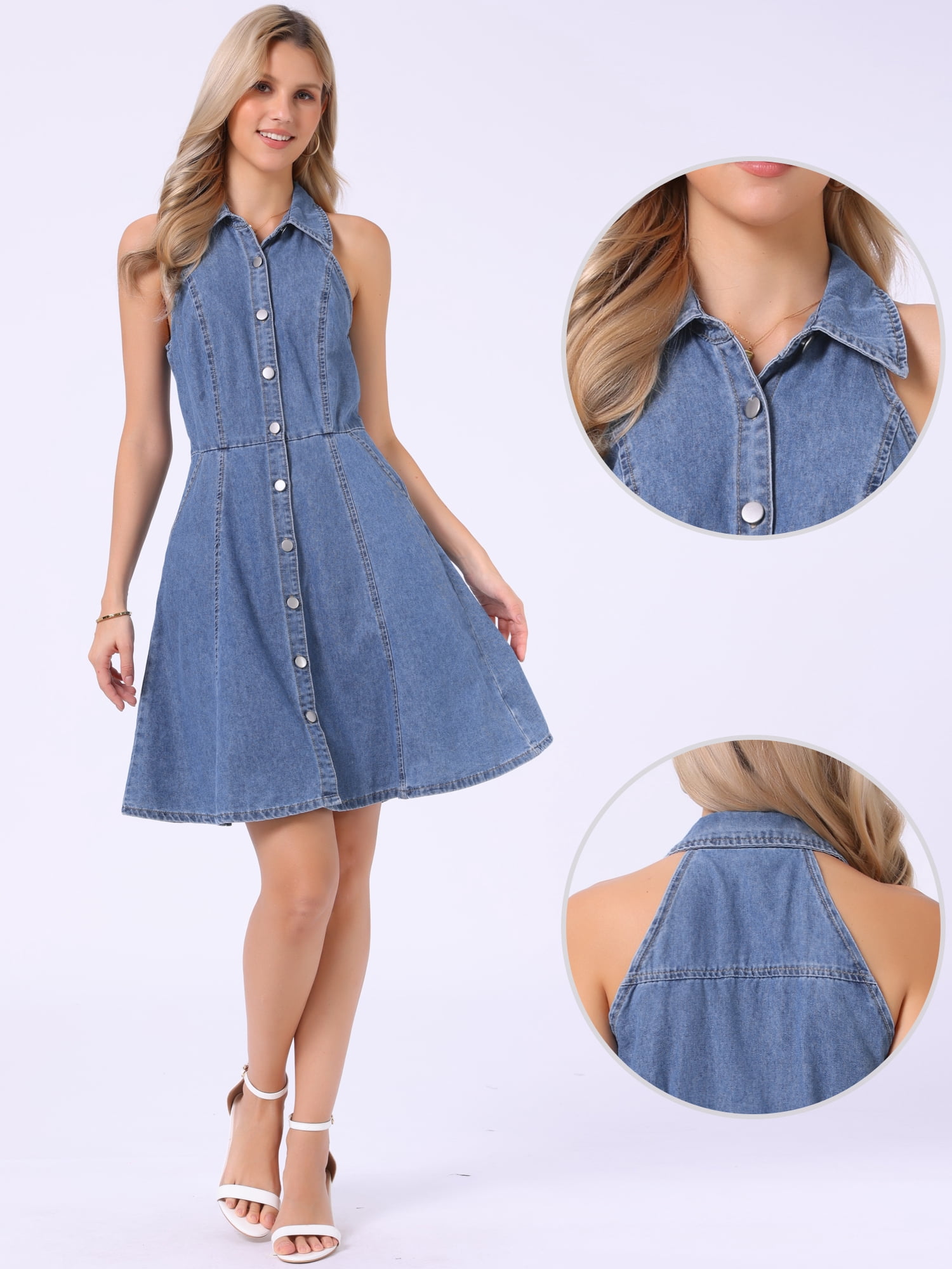 DARING DIVA Women's Denim Jeans Casual Halter Neck Dress XS Light Blue