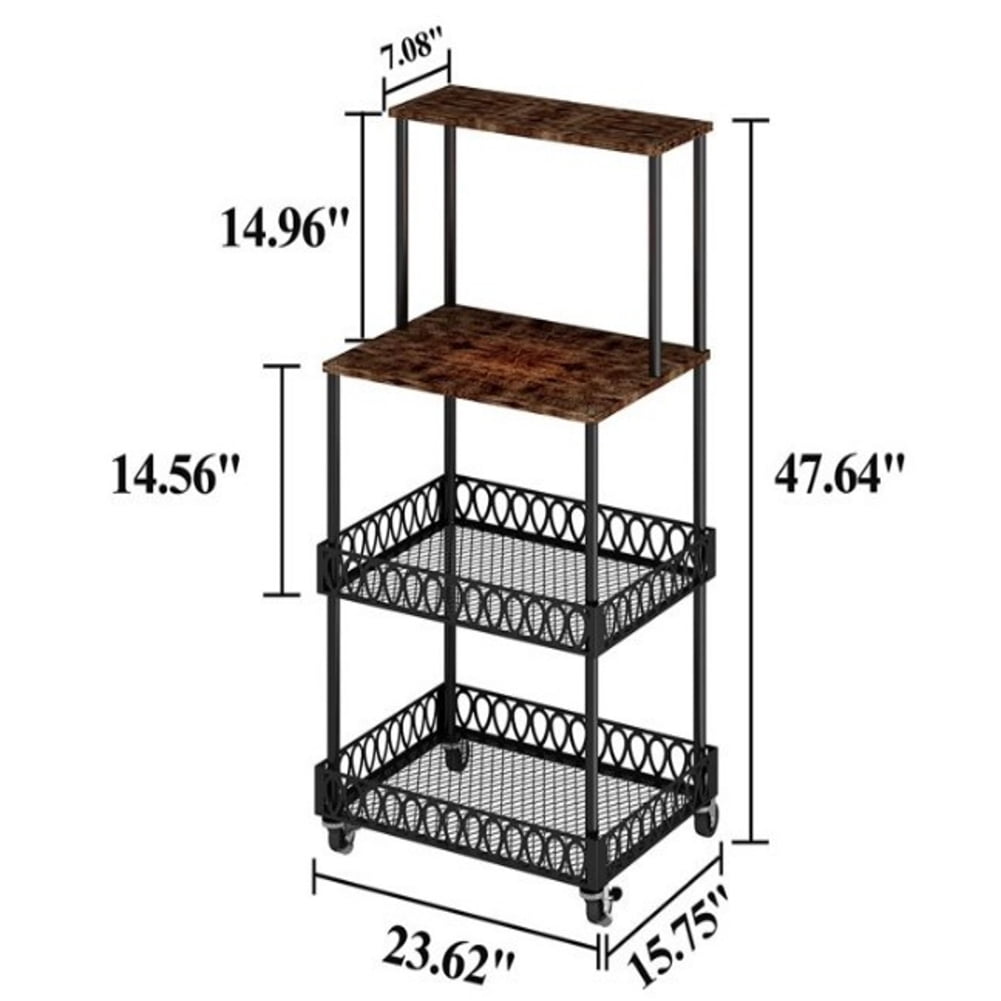 Kadyn 4-Tier Baker's Rack for Microwave Kitchen, Kitchen Storage Rack with Rollers, Steel Shelves for Home, Black