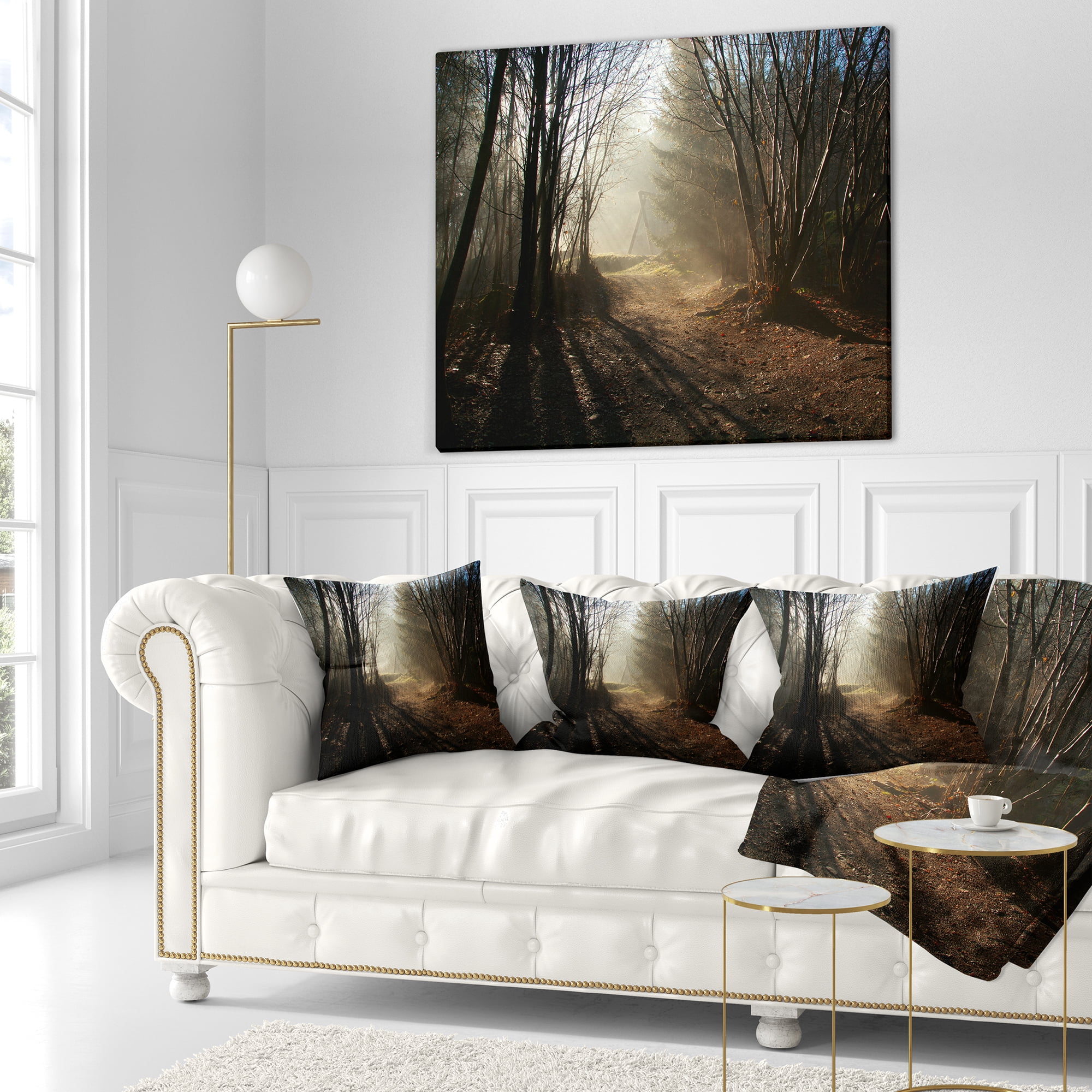 Designart Dark Path in Fall Foggy Forest - Landscape Photography Throw Pillow - 16x16