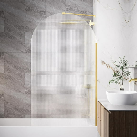 33" x 58" Frameless Shower Door in Brushed Gold, Water Repellent Glass Shower Door with Seal Strip Parts and Handle, 3/8 inch Glass Hinged Bathtub Shower Door