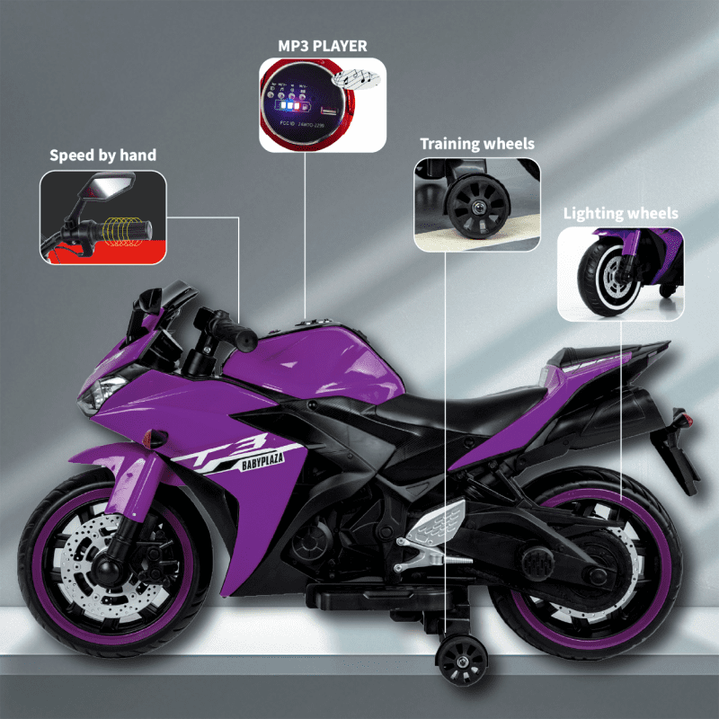 2 Seats Kids Motorcycle, 12V Ride On Electric Motorcycle, Kids Motorbike with USB, Bluetooth, Light, Storage Box, Motorcycle for Kid Aged 3+ (Purple)