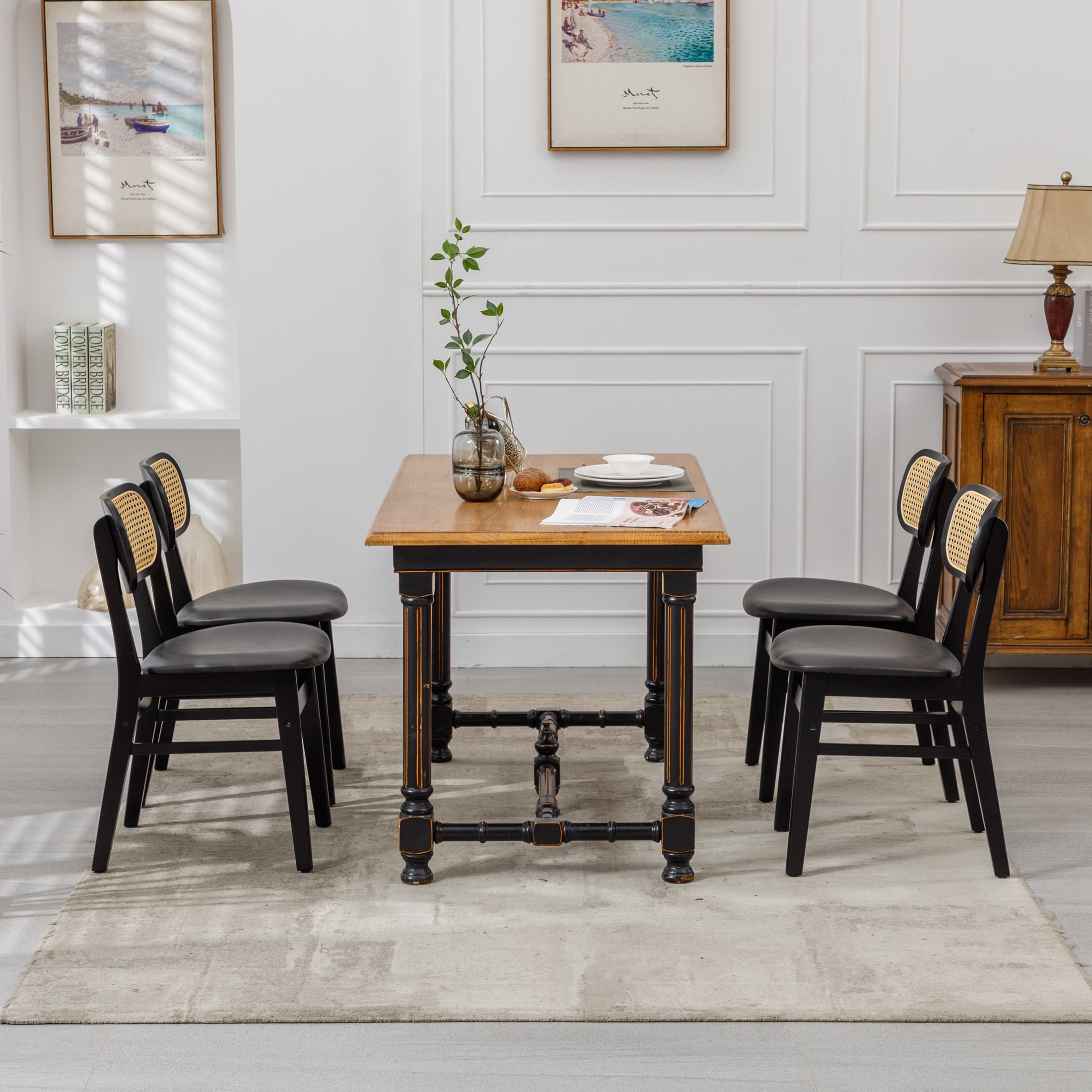 Guyou Rattan Dining Chairs Set of 6, Farmhouse Black Wooden Dining Side Chairs, Mid Century Modern Faux Leather Upholstered Kitchen Chairs with Cane Back for Dining Room Kitchen Living Room, Black