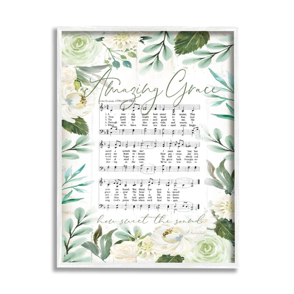 Stupell Industries Amazing Grace Sheet Music Green Floral Border, 16 x 20,Design by Jennifer Pugh