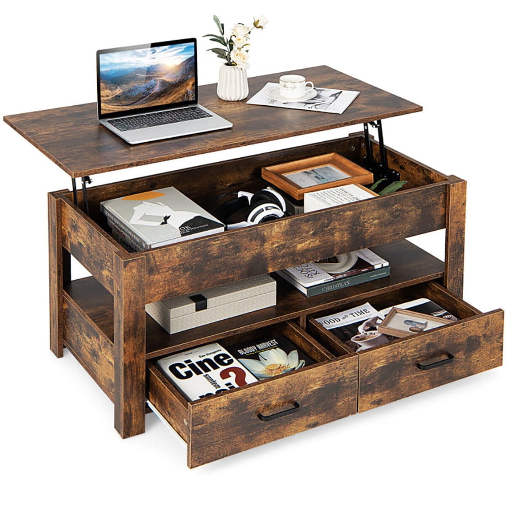 Finihen Industrial Coffee Table, Lift Top Coffee Table with 2 Storage Drawers and Hidden Compartment, for Living Room, Reception Room, Office, Rustic Brown Finihen Industrial Coffee Table, Lift Top Coffee Table with 2 Storage Drawers and Hidden Compartment, for Living Room, Reception Room, Office, Rustic Brown