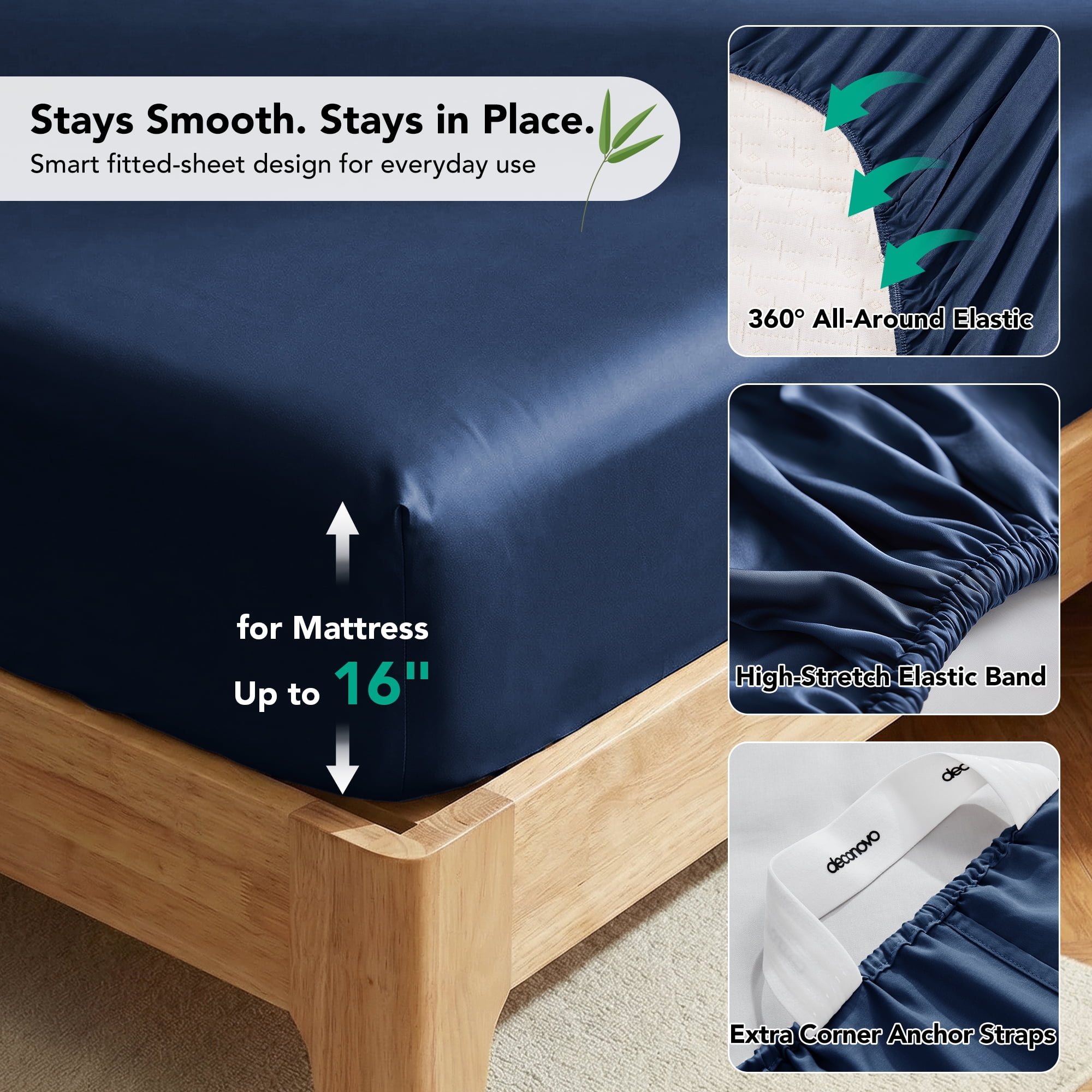 Deconovo Bed Sheets Set - Soft Breathable Bamboo Satin 4 Piece Eco-Friendly Moisture-Wicking Bedding, Navy Blue, Queen Size