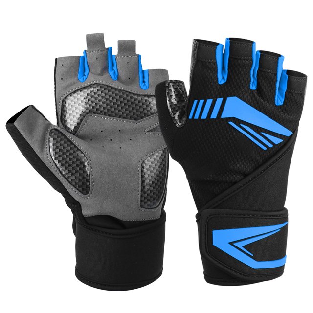 BOODUN Guantes de fitness antideslizantes Guantes deportivos de muñeca extendida con medio dedo (Negro Azul XL)