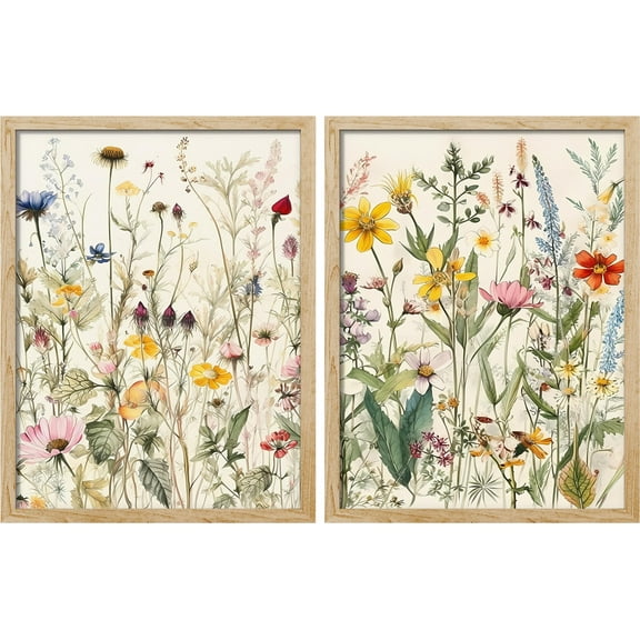 PixonSign Framed Wall Art Colorful Wildflowers Garden Floral Posters, Set of 2 Nature Wilderness Botanical Illustrations Wall Decor, Adhesive Canvas Prints for Home Decor - 11"x14" Natural