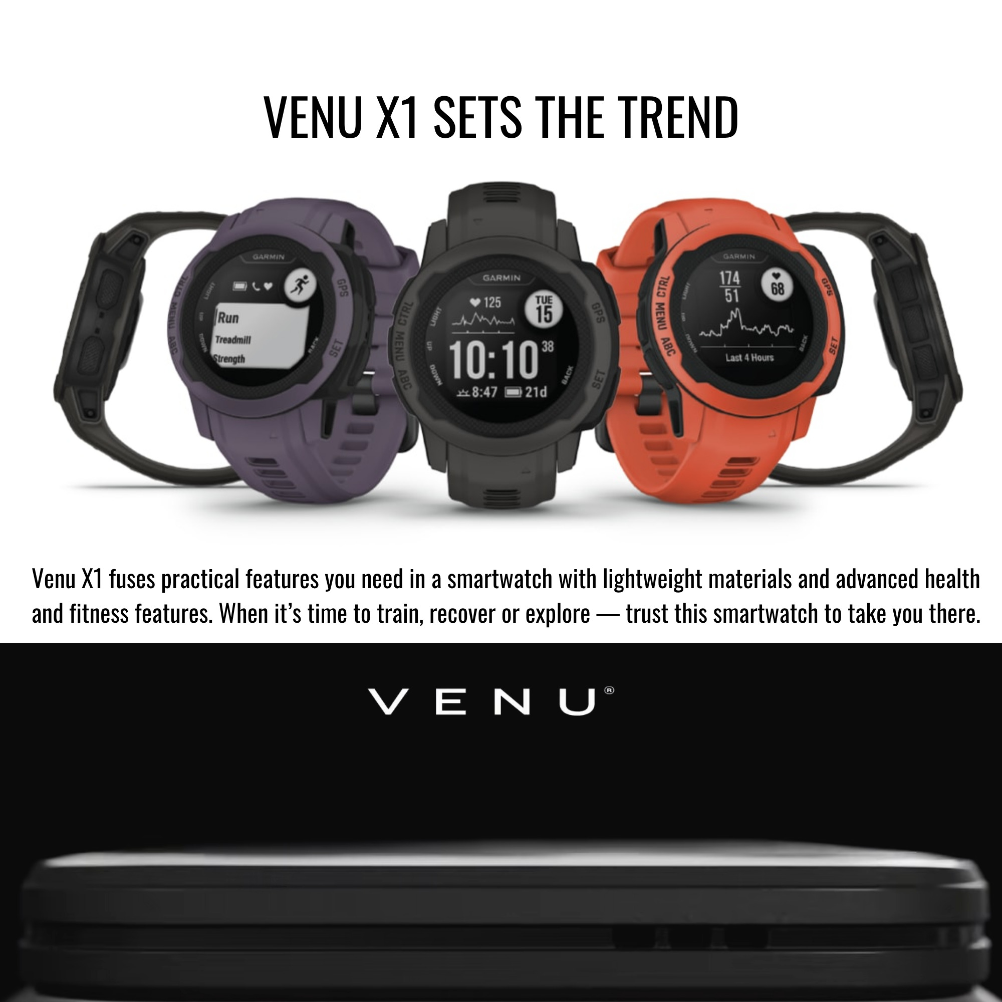 Garmin Venu X1 with Slate Titanium Caseback and ComfortFit Band (Black) Bundle with Clip-On Light