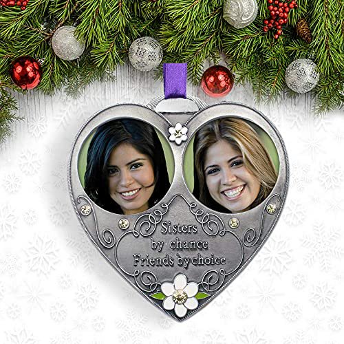 BANBERRY DESIGNS Sisters Photo Ornament - Double Picture Ornament for Sisters - Pewter Metal with White Daisies and Embossed with Saying - Sisters by