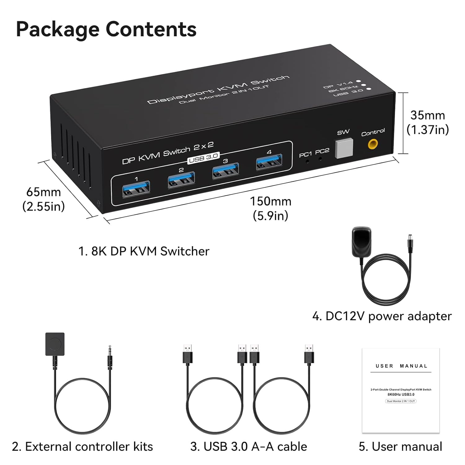 AUBEAMTO Displayport KVM Switch 2 Monitors 2 Computers 8K@60Hz 4K@120Hz Dual Monitor USB 3.0 DP KVM Switches for 4 USB3.0 Devices, Wired Extension Button,12V DC Adapter and 2 USB 3.0 Cables