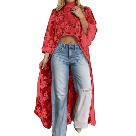 Tank Tops for Women Elegant Floral Lace See Through Asymmetrical Hem Summer Tops,Red,XL