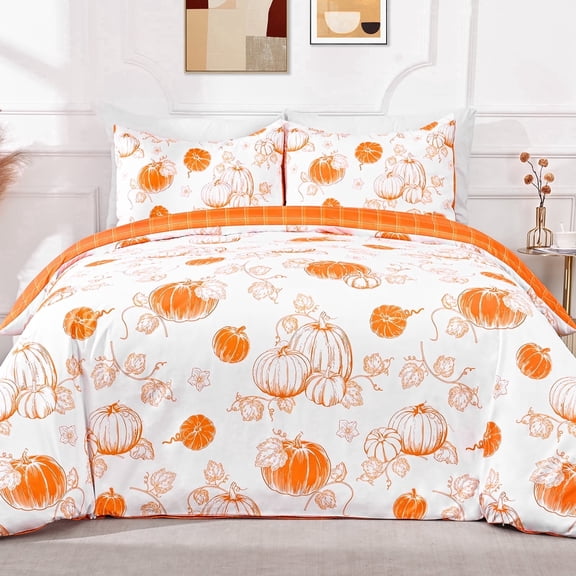 BLEUM CADE 3 Pieces Fall Duvet Cover Set,Queen Size Thanksgiving Pumpkins Lightweight Comforter Cover Set,Buffalo Plaid Reversible Bedding Cover Quilt Set