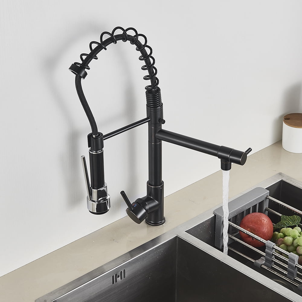 Blackend Spring Kitchen Sink Faucet Pull Down Sprayer Dual Spout Mixer Tap