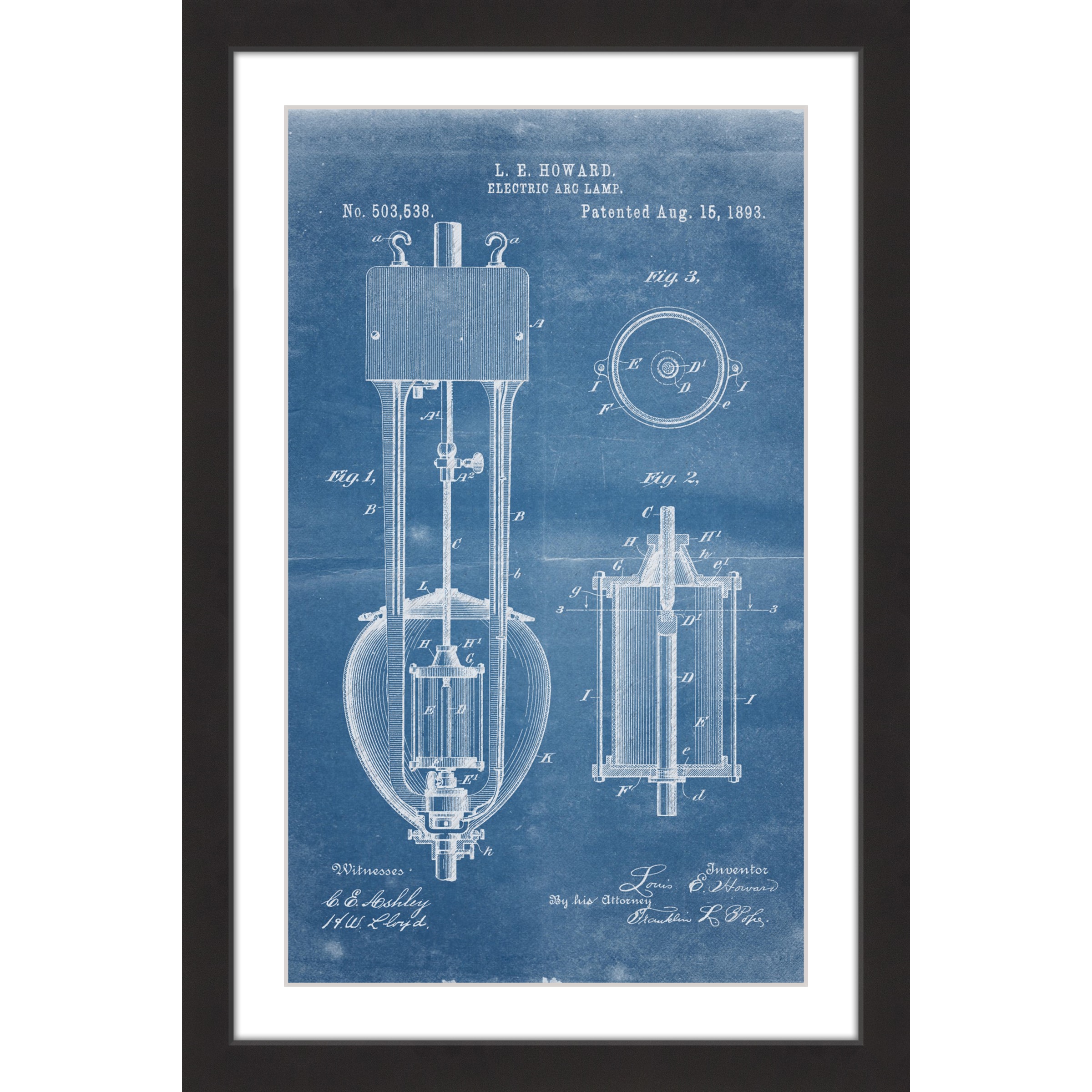 Marmont Hill - "Arc Lamp 2 1893 Blueprint" by Steve King Framed Painting Print