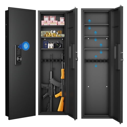 53.00×15.70×5.00 Inch Fingerprint Touch Panel In-Wall Safe, Hidden Design with Adjustable Shelves, All-Steel Anti-Pry Wall Mount Gun Safe for Firearms Valuables Home Use Black