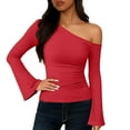 thumbnail image 6 of HAPIMO Women's Off Shoulder Tops Bell Sleeve Shirts Dressy Long Sleeve Asymmetrical Slim Fit Blouses Lightweight Going Out Tops Ruched Shirts Red S, 6 of 9