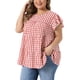 thumbnail image 4 of Blusa de mujer plus size de los años 50 con estampado de cuadros, cuello redondo, mangas cortas acampanadas, blusas de verano estilo babydoll 1X roja, 4 of 6