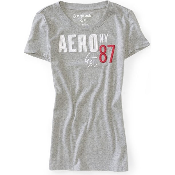 Aeropostale Mujer Aero Ny Est. Camiseta con adornos 87, gris, mediana Aeropostale Camiseta adornada