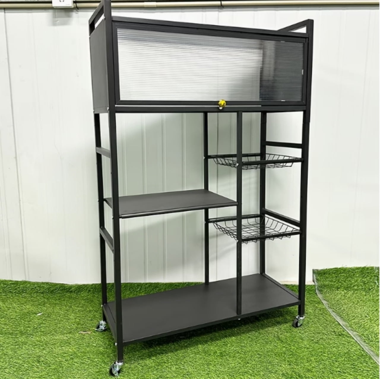 Kitchen Storage Rack with Acrylic Flip-Top Doors, Multifunctional Kitchen Storage Shelf with Baskets, Rolling Utility Serving Cart for Kitchen Garage