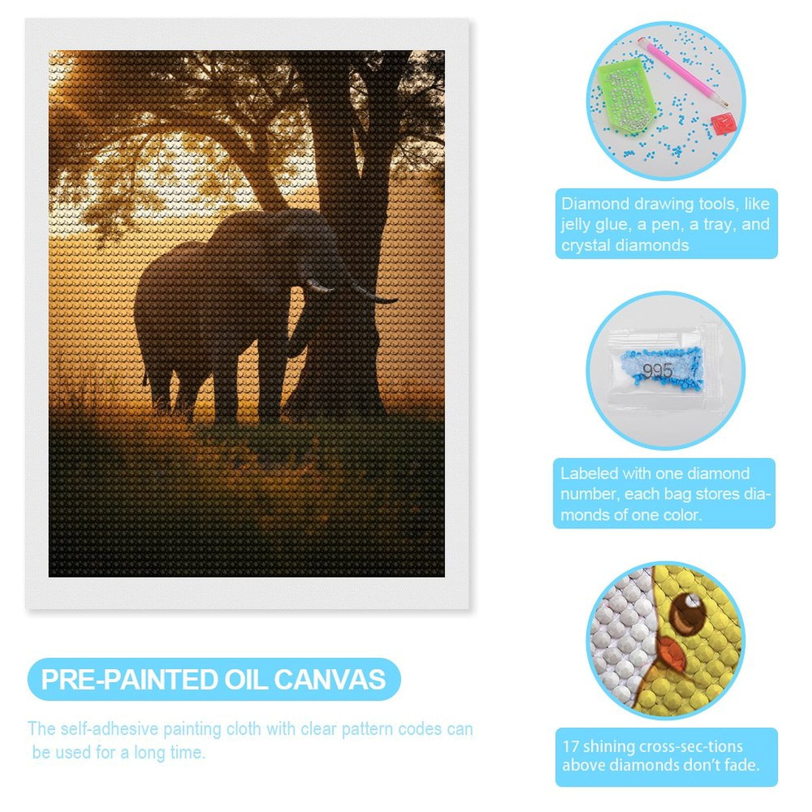Diamond Art Kits for Adults, Elephant At Sunset Under Tree 5D Diamond Painting Kits for Adults Beginners, DIY Full Drill Diamond Painting, Gem Art and Crafts 12x16