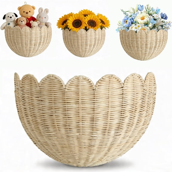 Duslogis Scalloped Wall Basket, Hand Woven Hanging Wicker Wall Baskets Set, Scalloped Rattan Wall Storage & Decor for Home, Bathroom, Kitchen, Living Room (14.2 x 7.8 x 5.7 Inch)
