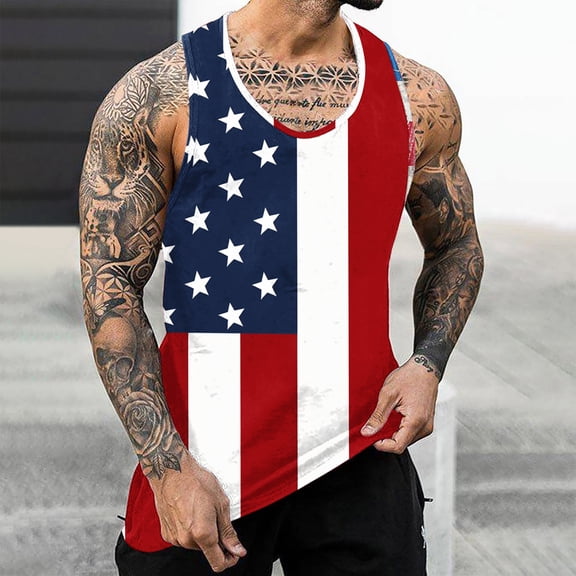 WAENQINLA Men's 4th of July Tank Tops Big and Tall American Flag Sleeveless T-Shirt Bodybuilding Fitness Muscle Tee Shirts
