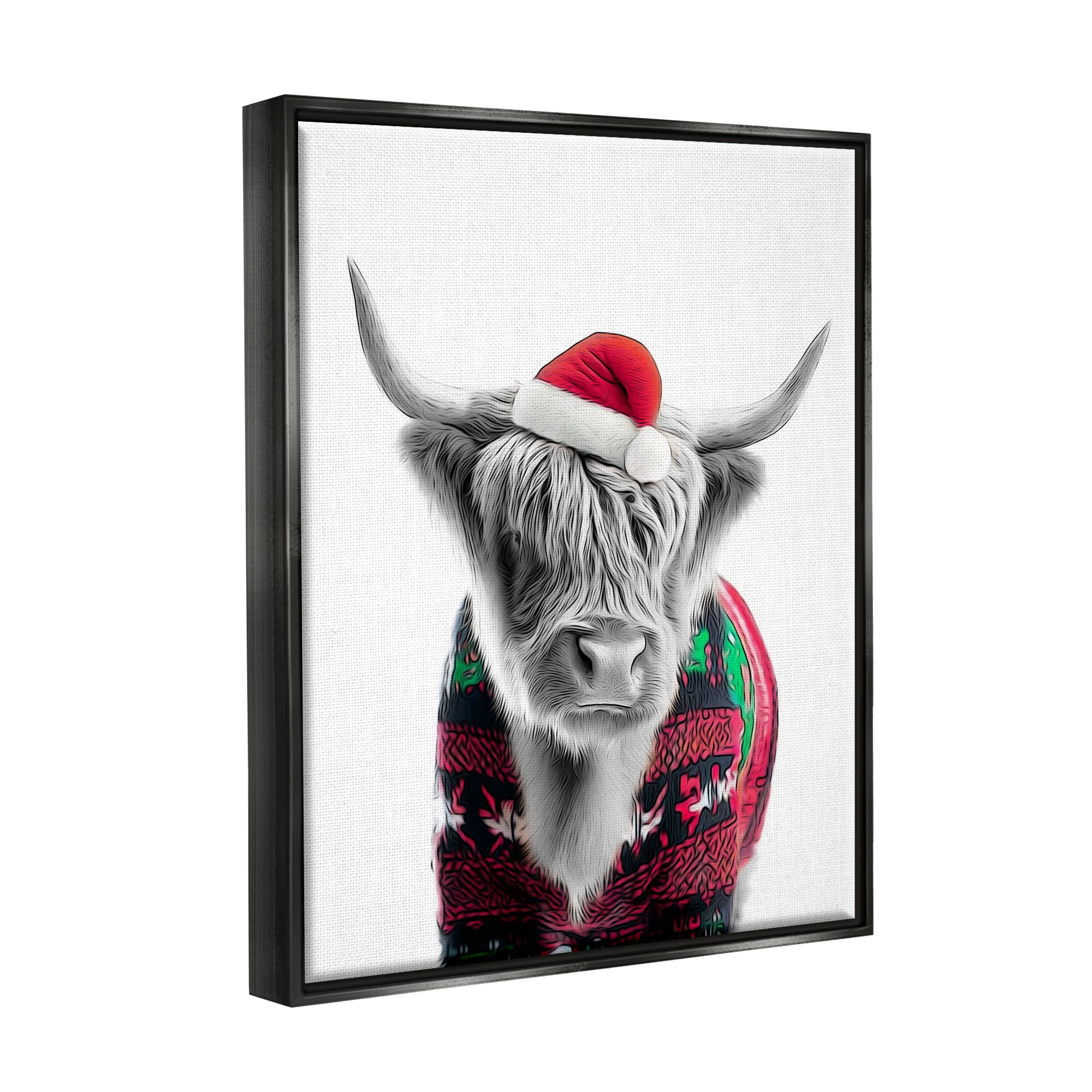 Stupell Industries Cow in Christmas Sweater Holiday Painting Black Floater Framed Canvas Art Print Wall Art, 25 x 31