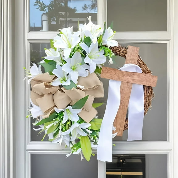 YingYouFu Easter Wreath, Wooden Frame Simulation Lily Wreath for Door Hanging Home Decoration, Spring Holiday Front Porch Decor