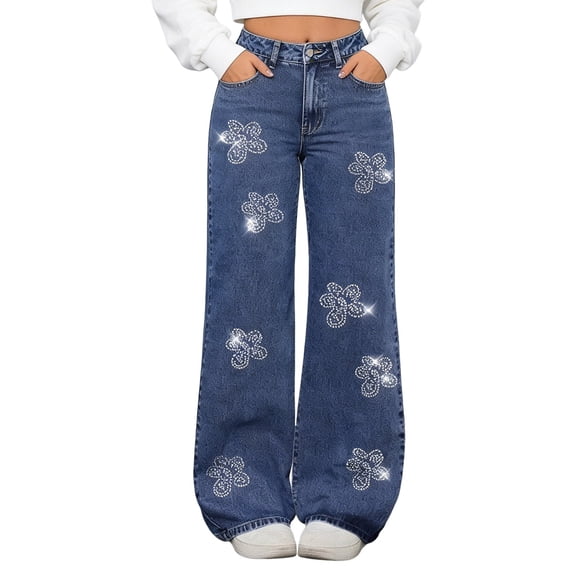 Women's Wide Leg Jeans High Waisted Stretchy Straight Leg Jeans Loose Trendy Denim Pants with Pocket