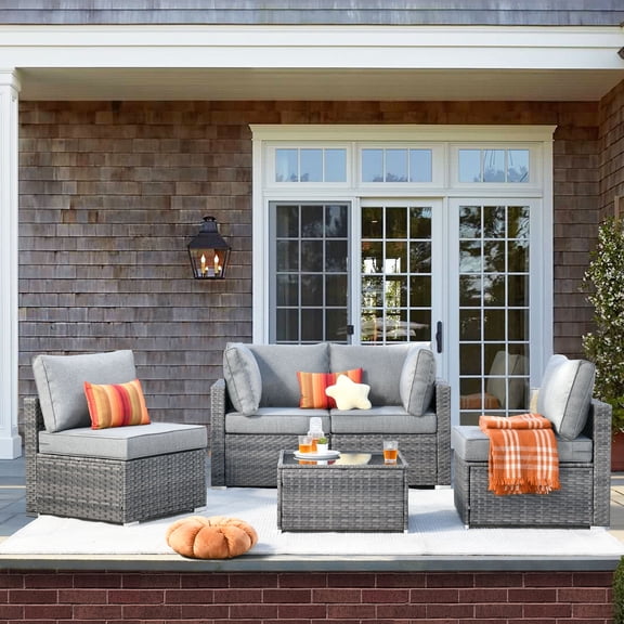 XIZZI 5 Pieces Outdoor Patio Furniture Set Wicker Rattan Conversation All-Weather Sectional Couch with Glass Coffee Table,Dark Grey