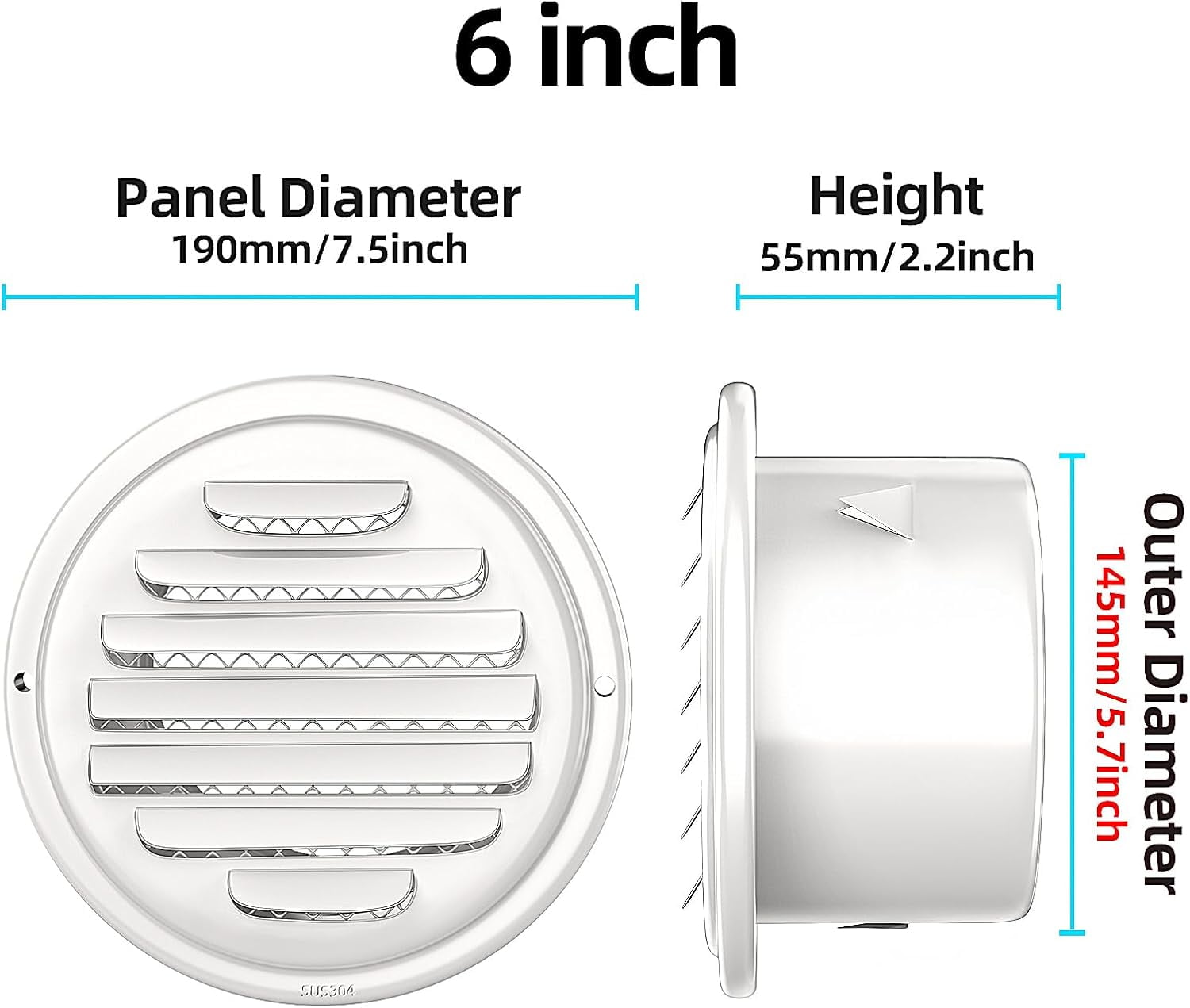 ABCISI 304 Stainless Steel Air Vents Cover,  Louvered Grille Cover Vent Flat Ducting Air Vent Wall Inlet with Built-in a Fly Screen Mesh for HVAC Ventilation (6 inch (150mm) White Paint)
