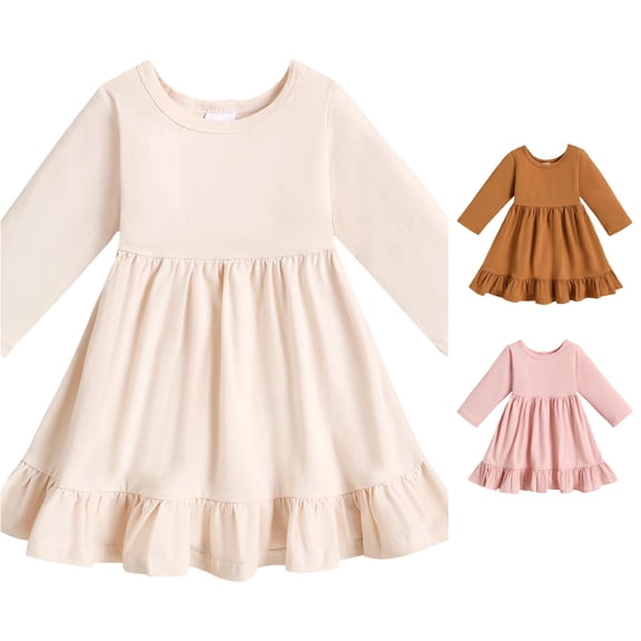 Little Girls Spring and Autumn Solid Color Dress Girls Long Sleeve Round Neck A Line Skirt Dress Baby Girls 18-24 Months
