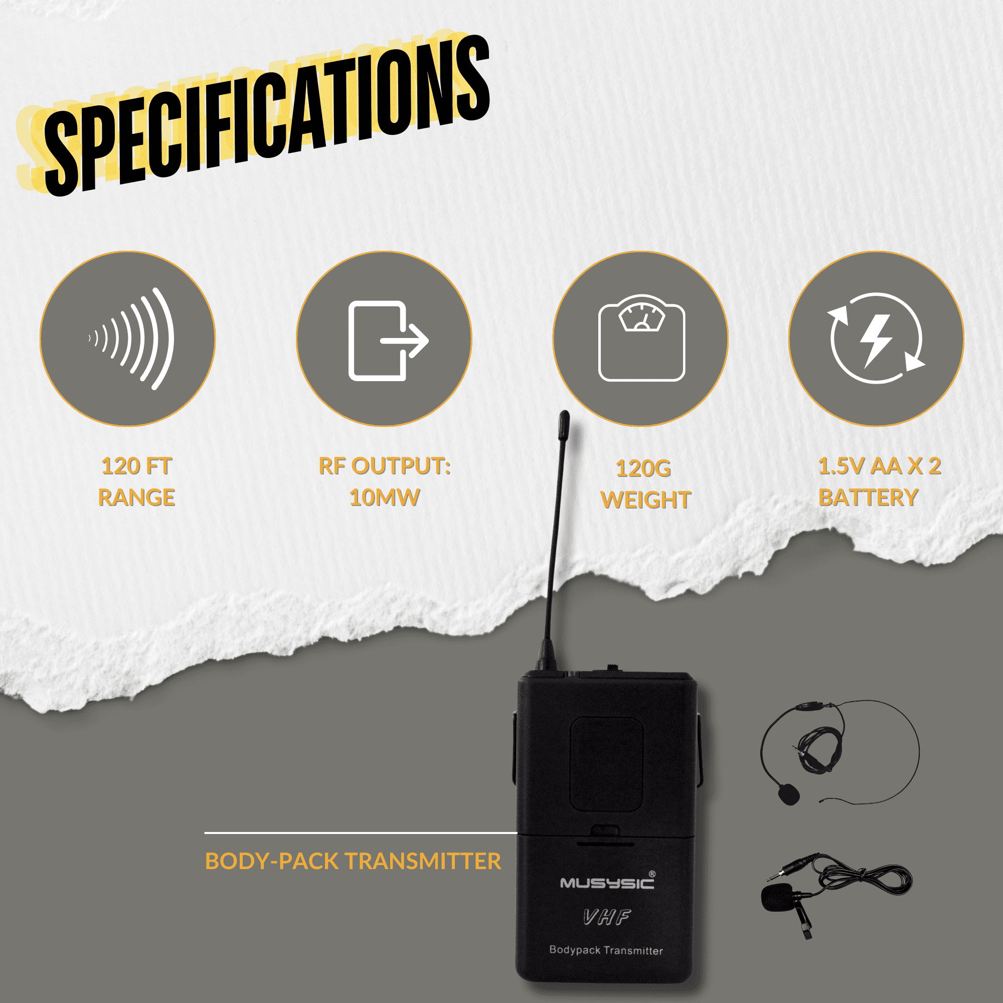 MUSYSIC MU‑V202‑LL Professional 2‑Channel VHF Wireless Microphone System – Dual Lavalier & Headset Mics, 170–250 MHz, Individual Volume Control, 120 ft Range