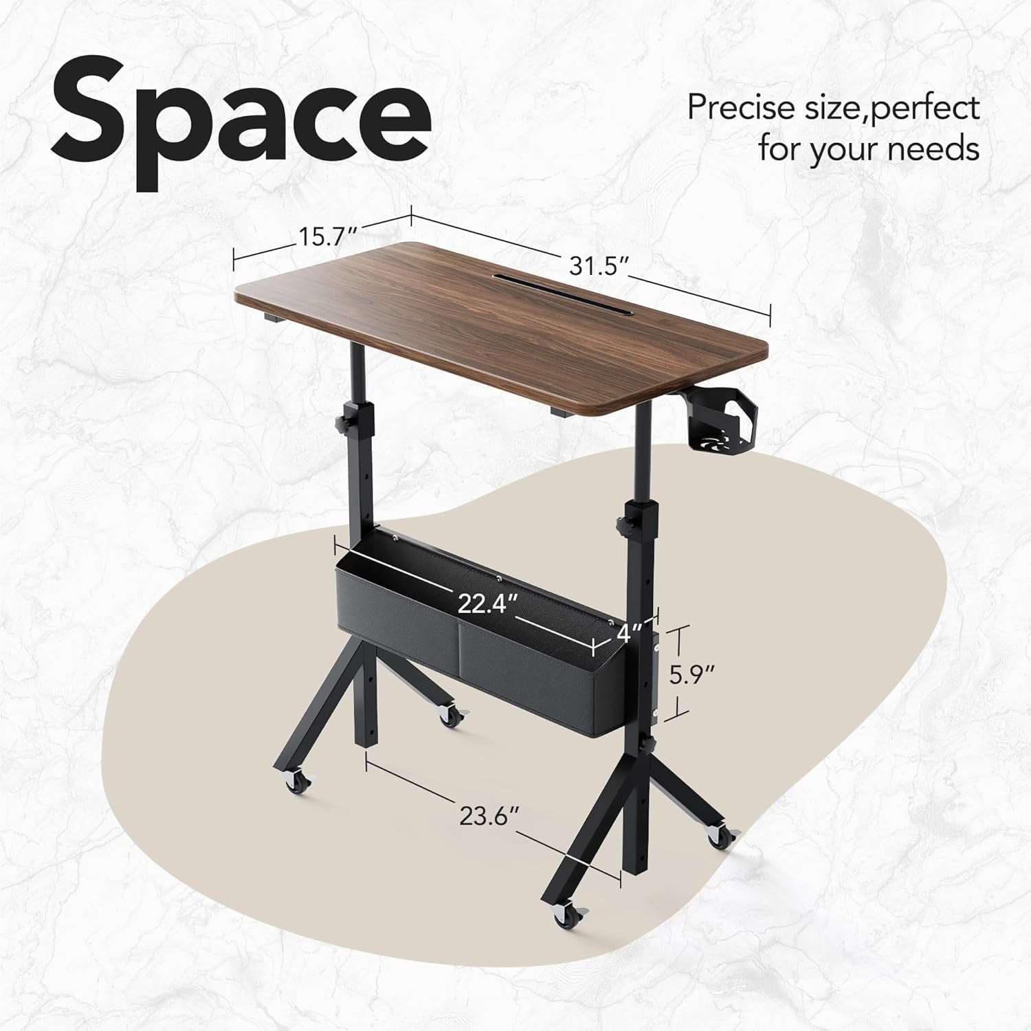 Kyspho Rolling Standing Desk Adjustable Height, Mobile Stand Up Desk for Walking Pad and Treadmill, Portable Computer Table with Wheels, 31.5"x15.75" Height 28.7"-46.1", Walnut