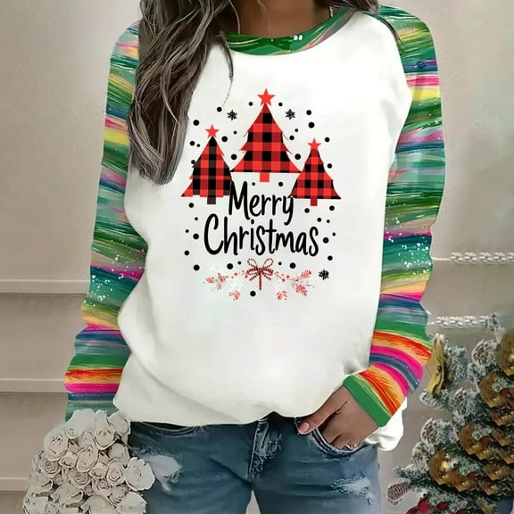HOMBOM Plus Size Sweatshirts for Women Merry Crewneck No Hood Tree Xmas Christmas Adults Sweatshirt Holiday