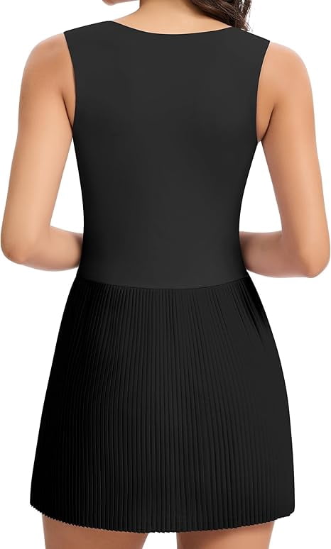 JoyGirl Womens Square Neck Tennis Dress Pleated Sleeveless Golf Dress with Built in Shorts Athletic Dresses with Pockets