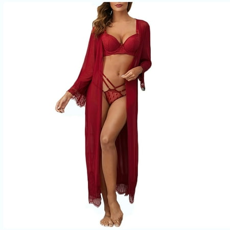 GuessLookry 2023 Vintage Fabric Women Lace Mesh Long Sleeve Gown Lingerie Beach Smock Pajamas Robe Bathrobe Holiday or Birthday Gifts