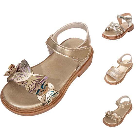 FINALGANG Little Girls Adjustable Ankle Strap Floral Applique Closed Toe Sandals Shiny Upper Flat Sole Summer Party Kids Princess Sandals Casual Shoes 2.5-3 Years