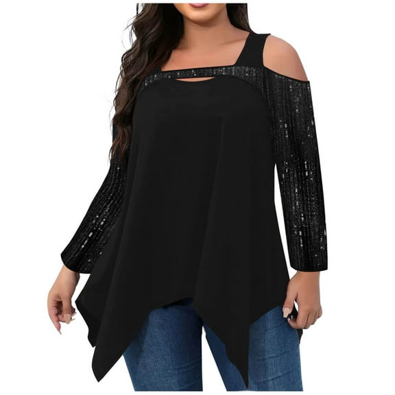 VEKDONE Plus Size Tops for Women Cold Shoulder Sexy Tops Fall Long Sleeve Sequins Tops Fashion Irregular Hem Loose Party Blouse