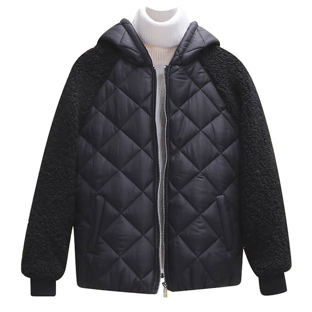 AherBiu Plus Size Womens Jacket Trendy Causal Full Zip Coat Winter Warm Fleece Patchwork Jackets with Hood